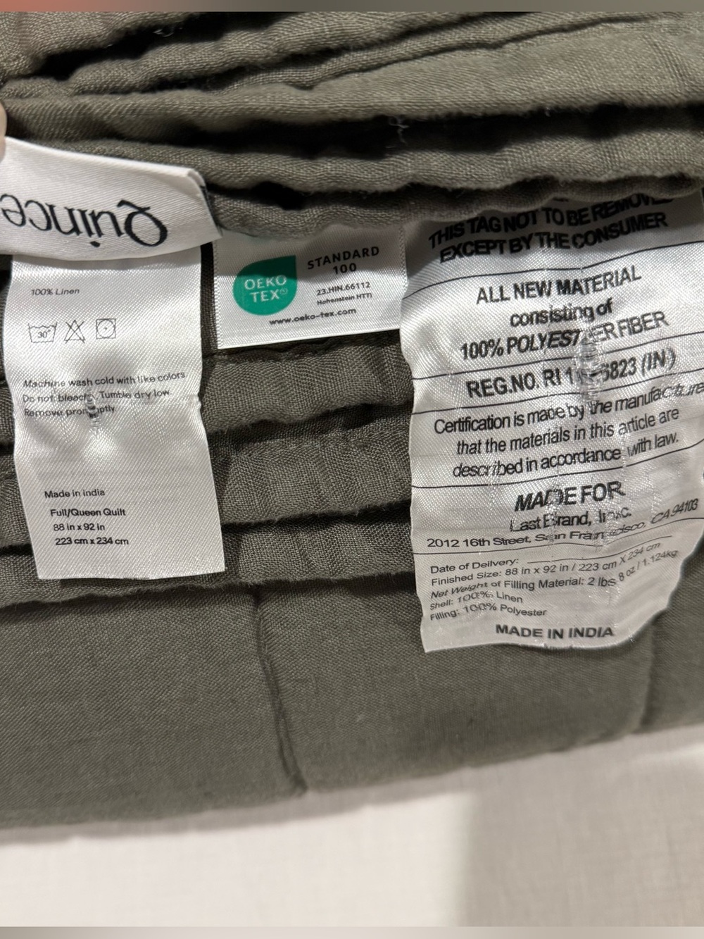 Brand New Quince European Linen Box Full/Queen $164 Dusty Olive No Shams Defect - Picture 5 of 7